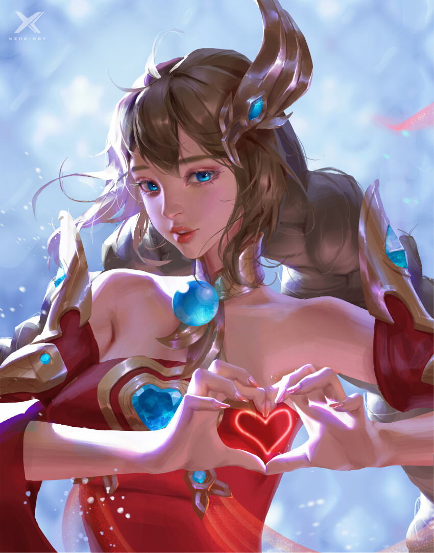 1girl absurdres bare_shoulders blue_background blue_eyes blue_gemstone braid brooch brown_hair chain-link_fence character_request chinese_commentary commentary_request copyright_request detached_sleeves dress eyelashes eyeshadow fence gem gold_choker hair_ornament heart heart-shaped_gem heart_hands highres jewelry light_particles lipstick long_hair long_sleeves looking_at_viewer low_twin_braids makeup nail_polish open_mouth orb pink_eyeshadow pink_nails realistic red_dress red_lips red_sleeves smile solo starlab strapless strapless_dress teeth thick_eyebrows twin_braids upper_body upper_teeth_only very_long_hair watermark wide_sleeves