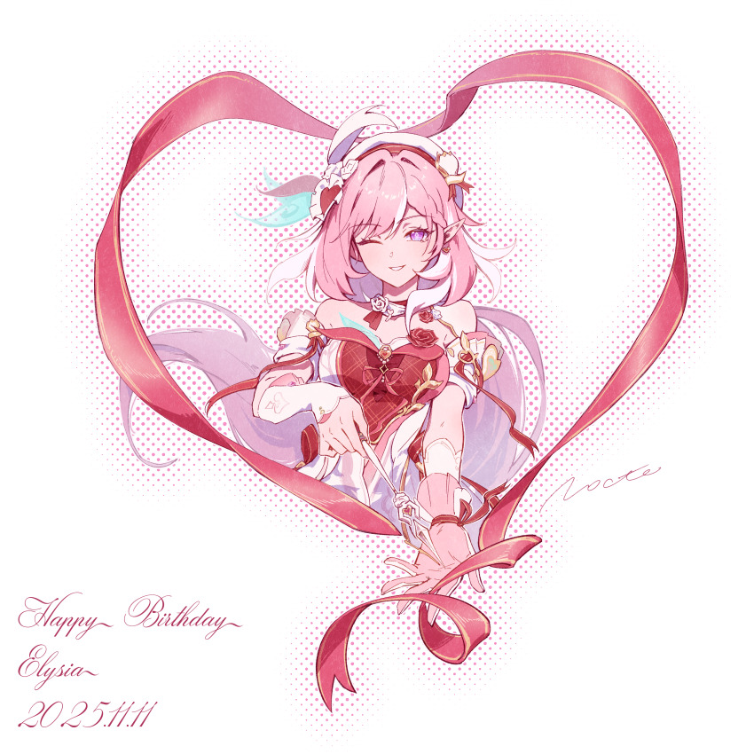 1girl ;) absurdres arrow_(projectile) bare_shoulders beret breasts chinese_commentary commentary_request dated diamond-shaped_pupils diamond_(shape) dress elf elysia_(hi_love_elf)_(honkai_impact) elysia_(honkai_impact) enioreh gloves happy_birthday hat highres holding holding_arrow honkai_(series) honkai_impact_3rd large_breasts long_hair looking_at_viewer multicolored_hair one_eye_closed pink_gloves pink_hair pointy_ears red_dress simple_background single_glove smile solo symbol-shaped_pupils two-tone_dress two-tone_hair very_long_hair white_background white_dress white_hair