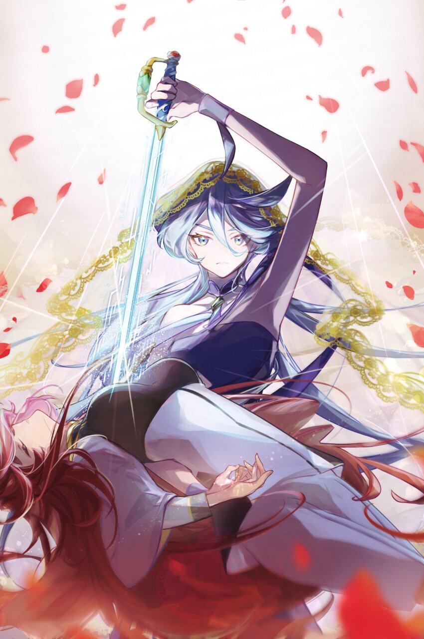 2girls ahoge alternate_costume amayu_yuzukabe armpits asticassia_school_uniform breasts drawing_sword dress grey_eyes gundam gundam_suisei_no_majo highres holding holding_sword holding_weapon human_scabbard long_hair medium_breasts miorine_rembran multiple_girls parody petals red_hair school_uniform sekai_wo_kakumei_suru_chikara_wo shoujo_kakumei_utena suletta_mercury sunlight sword sword_of_dios weapon white_hair