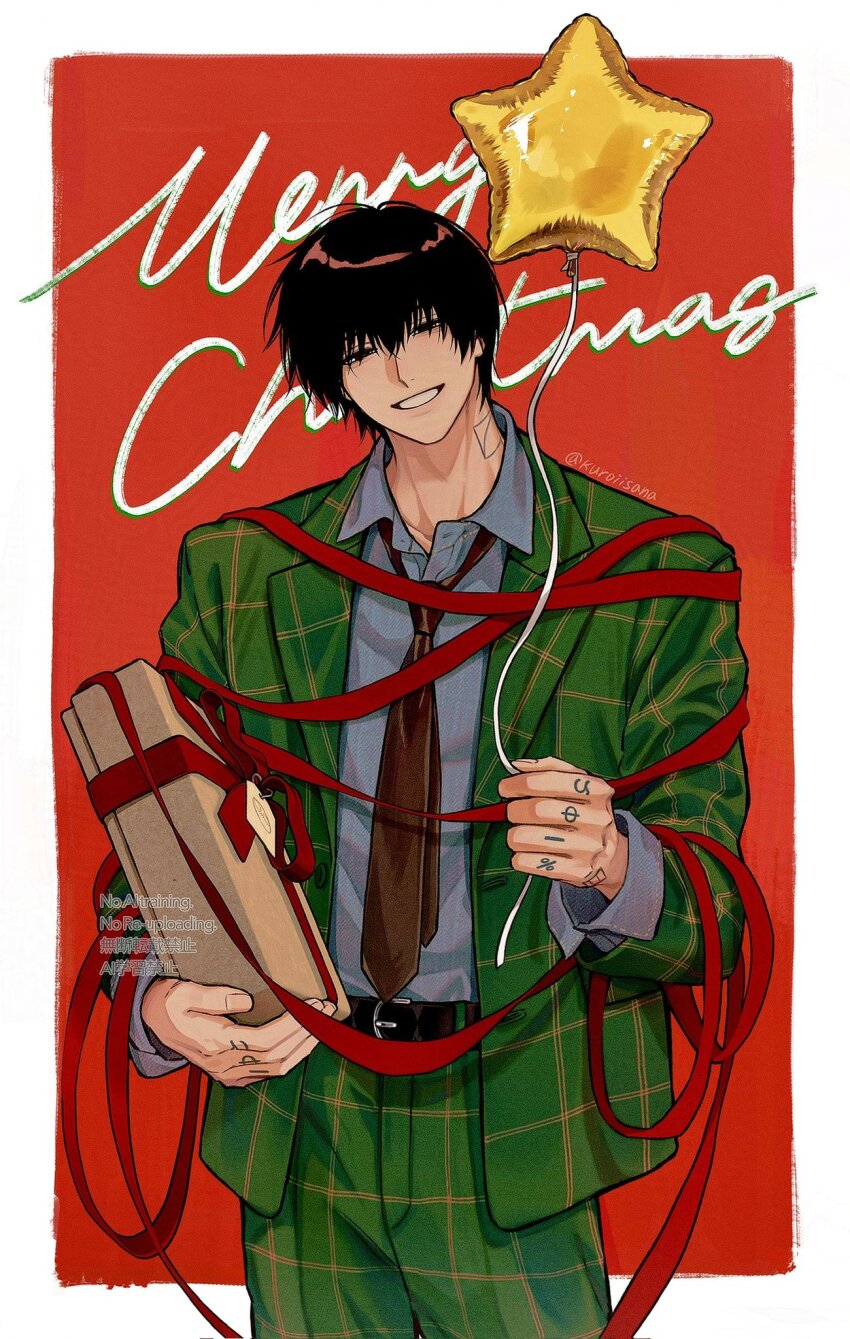 1boy aegyo_sal artist_name balloon belt black_belt black_eyes black_hair blue_shirt box brown_necktie commentary cowboy_shot finger_tattoo formal_clothes gift gift_box green_jacket green_pants green_suit grid_print grin half-closed_eyes head_tilt highres holding holding_balloon holding_box jacket kuroiisana looking_at_viewer male_focus merry_christmas nagumo_(sakamoto_days) neck_tattoo necktie open_clothes open_jacket orange_background pants red_ribbon ribbon ribbon_around_body sakamoto_days shirt short_hair simple_background smile solo star_balloon straight-on suit symbol-only_commentary tattoo teeth watermark