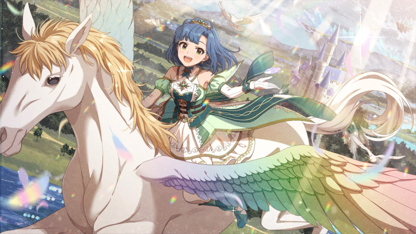armlet bird blue_hair castle cloud floating_island game_cg grass idolmaster idolmaster_million_live! idolmaster_million_live!_theater_days jewelry mountainous_horizon nanao_yuriko official_art open_mouth pegasus riding sunlight tree water yellow_eyes