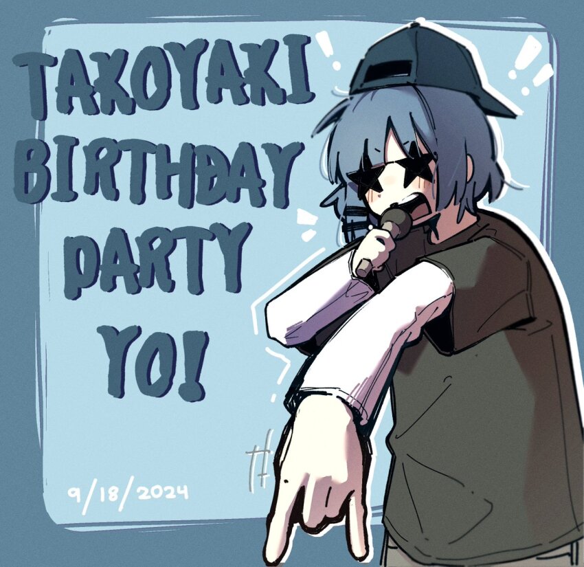1girl backwards_hat birthday blue_hair bocchi_the_rock! grey_shirt hair_ornament hairclip happy_birthday hat holding holding_microphone layered_sleeves long_sleeves machuuu68 medium_hair microphone shirt short_over_long_sleeves short_sleeves star-shaped_eyewear star_(symbol) sunglasses white_shirt yamada_ryo