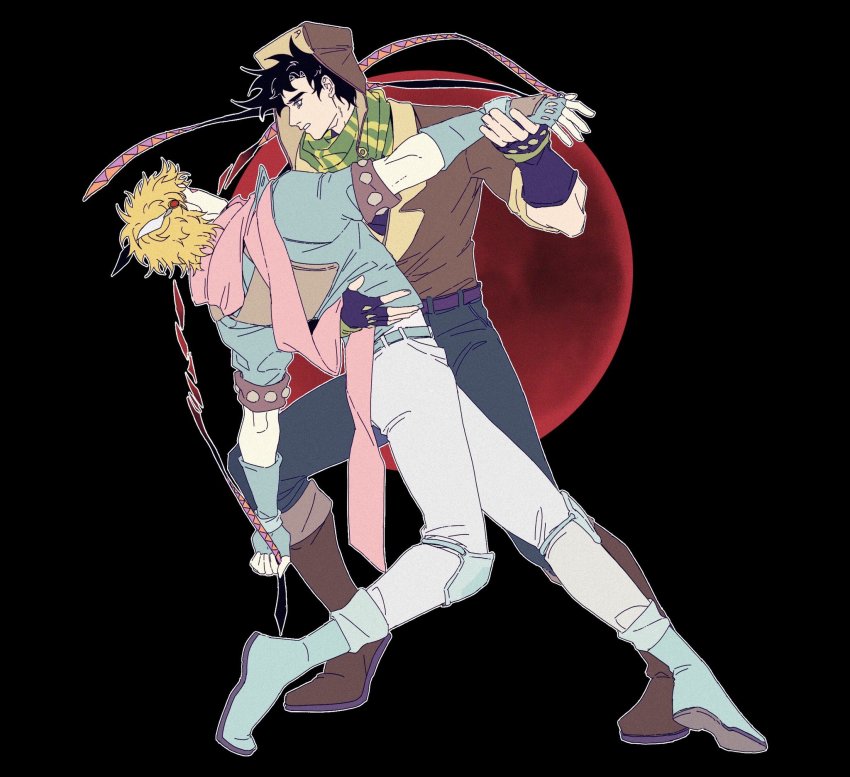 2boys battle_tendency black_hair blonde_hair blue_jacket bomber_hat bomber_jacket boots caesar_anthonio_zeppeli dancing denim fingerless_gloves fur_hat gloves green_scarf hat highres jacket jeans jojo_no_kimyou_na_bouken joseph_joestar joseph_joestar_(young) knee_boots knee_pads male_focus multiple_boys pants pickieeeee pink_scarf scarf striped_clothes striped_scarf tango ushanka