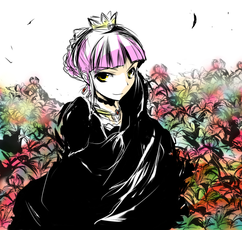 1girl alusha_(7th_dragon) amulet babel babel99 blunt_bangs braid female_focus flower from_above highres jewelry necklace pink_hair princess_(7th_dragon) robe solo tiara white_background yellow_eyes