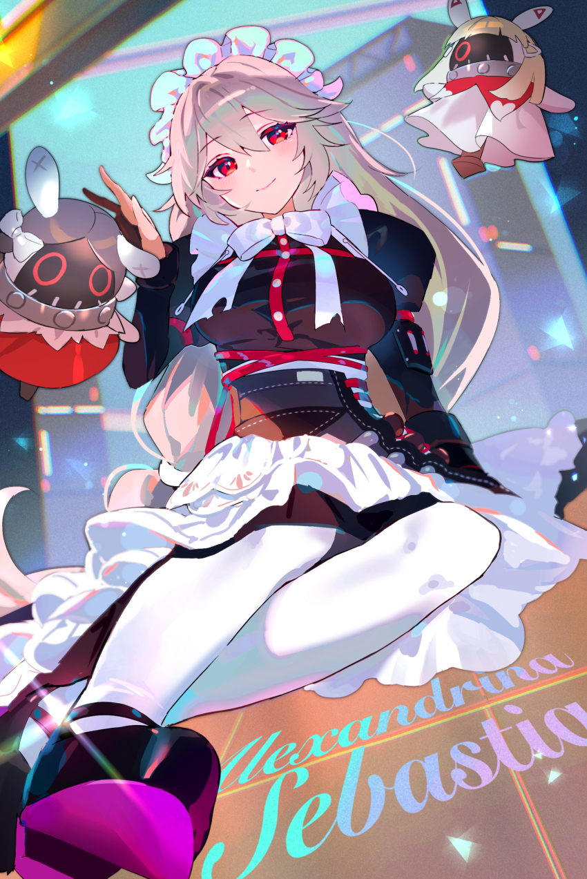 1girl absurdres alexandrina_sebastiane azna bangboo_(zenless_zone_zero) black_dress blurry blurry_background breasts dress full_body glint grey_hair highres large_breasts long_hair looking_at_viewer low-tied_long_hair maid maid_headdress pantyhose red_eyes smile white_pantyhose zenless_zone_zero