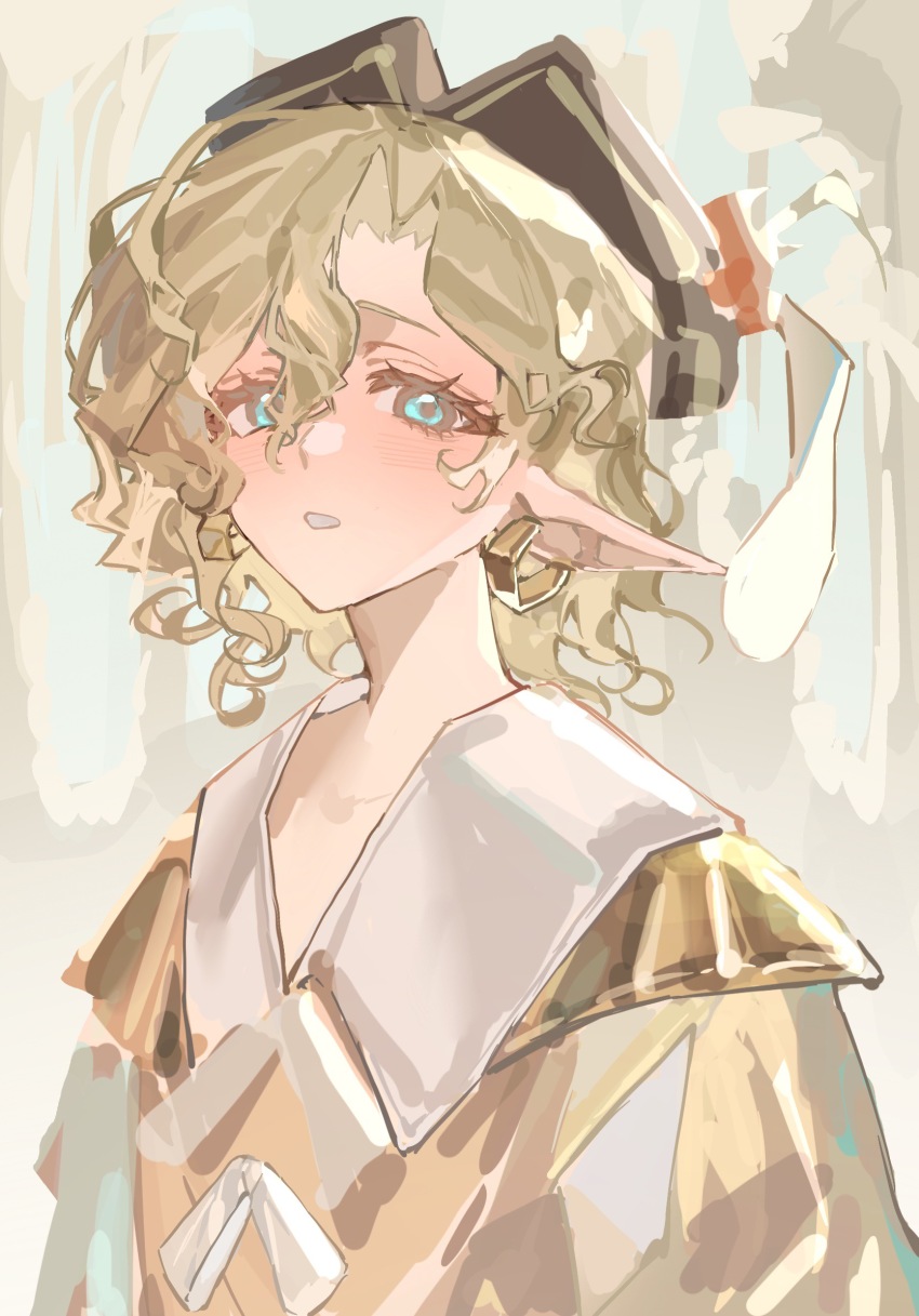 1boy andrew_kreiss andrew_kreiss_(half_elf_knight) androgynous aqua_eyes blonde_hair brown_hat curly_hair earrings eyelashes hair_between_eyes hair_intakes hat hat_feather highres identity_v jewelry light_blush long_pointy_ears looking_at_viewer male_focus nanshizichuanduikuailefengnancanshang official_alternate_costume parted_lips pointy_ears portrait shirt solo tareme yellow_shirt yellow_theme