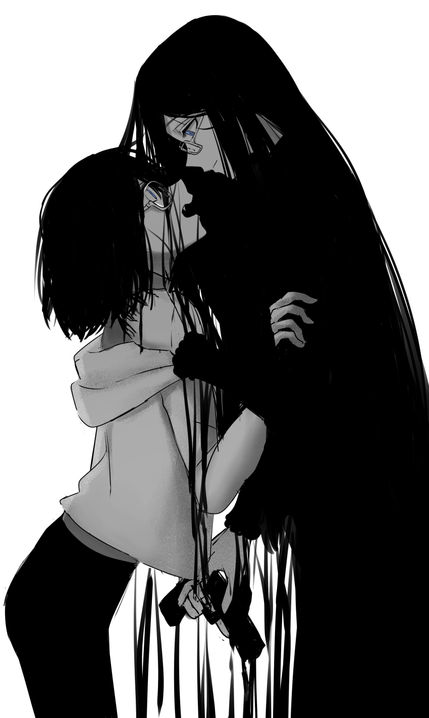2girls absurdres black_hair blue_eyes glasses greyscale gun highres holding holding_gun holding_weapon hood hoodie kamikoshi_sorawo long_hair looking_at_another macartura08 monochrome multiple_girls rectangular_eyewear urasekai_picnic uruma_satsuki very_long_hair weapon