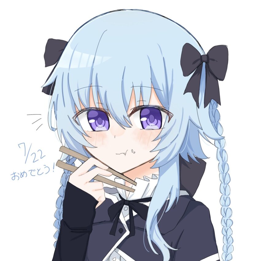 1girl :t arm_at_side assault_lily black_bow blue_hair blush bow braid buttons chopsticks closed_mouth commentary_request cropped_jacket eating fang fang_out food food_in_mouth food_on_face frilled_shirt_collar frills hair_between_eyes hair_bow hand_up highres holding holding_chopsticks hood hood_down long_hair long_sleeves looking_at_viewer mori_tatsuki notice_lines purple_eyes rice rice_on_face sana_(hs_yp1) school_uniform shirt sidelocks simple_background sleeves_past_wrists solo twin_braids upper_body white_background white_shirt yurigaoka_girls_academy_school_uniform