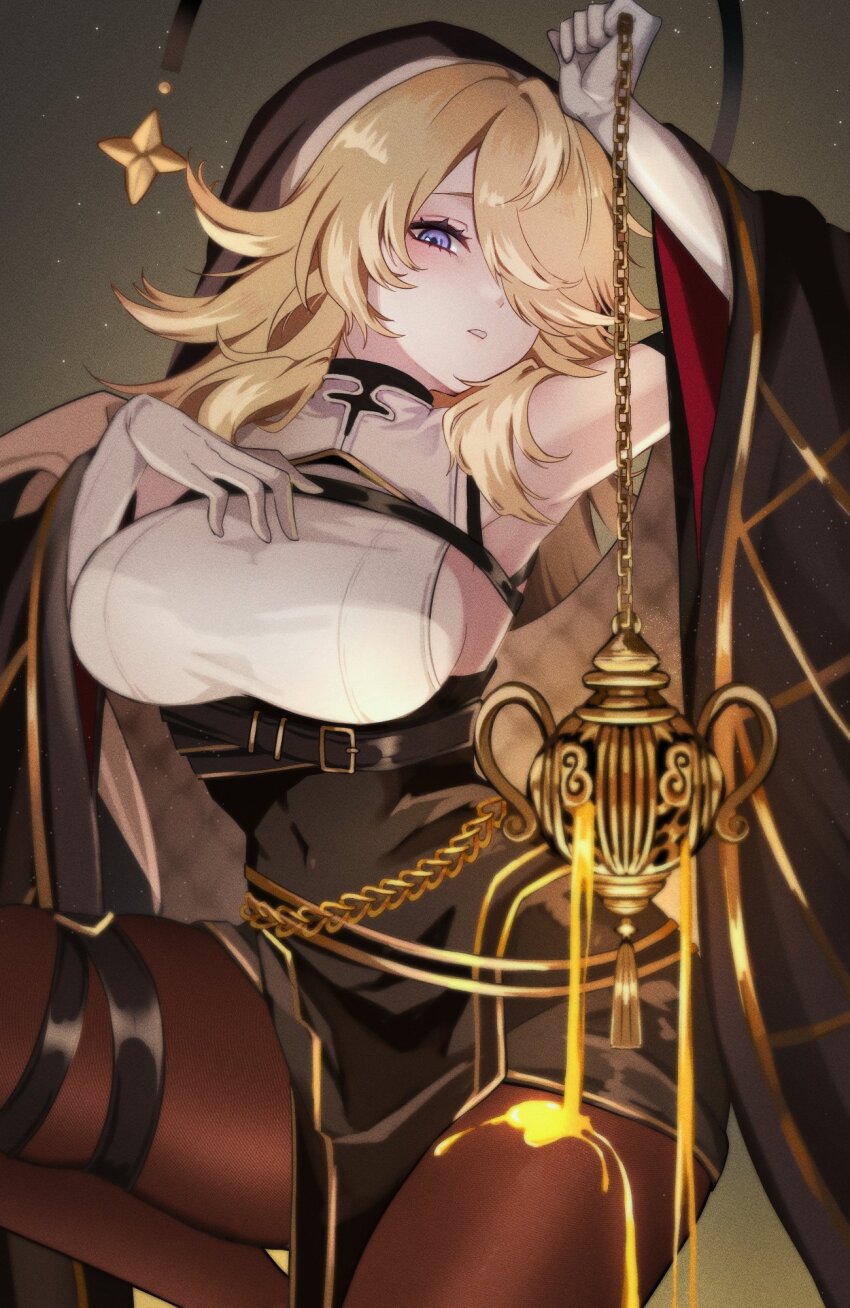 1girl arm_up bare_shoulders belt black_jacket black_skirt black_veil blonde_hair blue_eyes blush breasts brown_pantyhose chaos_zero_nightmare commentary_request gloves gold_trim hair_over_one_eye high-waist_skirt highres jacket large_breasts long_hair long_sleeves looking_at_viewer open_clothes open_jacket orlea_(chaos_zero_nightmare) pantyhose parted_lips shirt sideboob skirt sleeveless sleeveless_shirt solo swept_bangs thigh_belt thigh_strap veil very_long_hair white_gloves white_shirt wide_sleeves yosho_chan