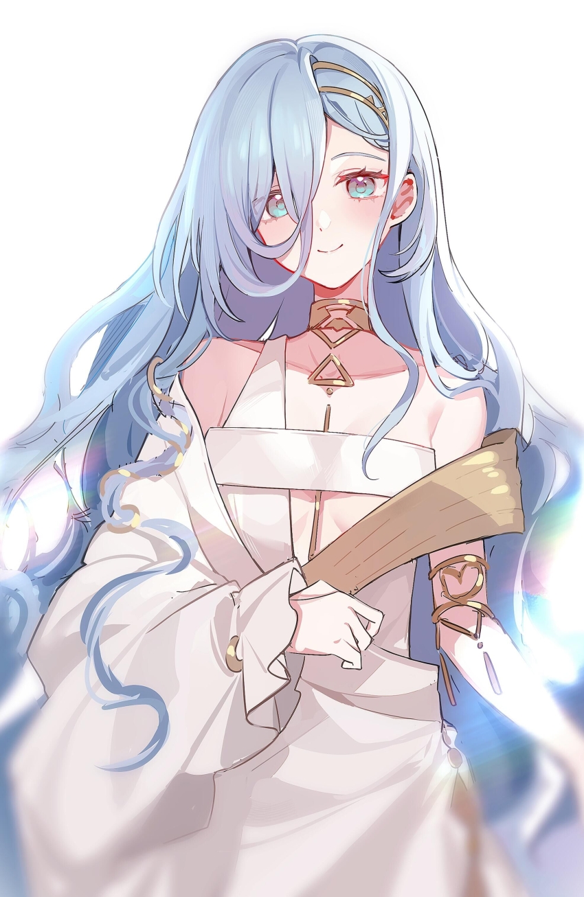 1girl 37_(reverse:1999) absurdres ancient_greek_clothes armlet bare_shoulders blue_eyes blue_hair closed_mouth gold_choker greco-roman_clothes hair_between_eyes highres hoxino jewelry long_hair looking_at_viewer reverse:1999 smile solo toga upper_body very_long_hair white_background