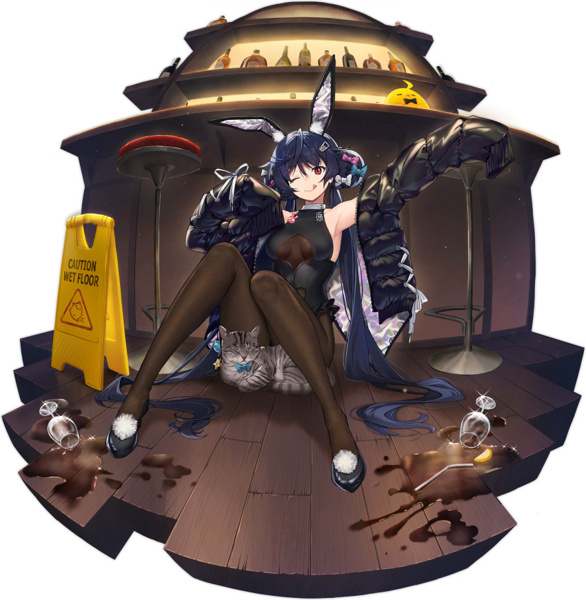 1girl ;q allen_m._sumner_(azur_lane) allen_m._sumner_(charming_rabbit)_(azur_lane) animal animal_ears armpits arms_up ass azur_lane bare_shoulders black_hair black_jacket black_leotard black_shoes braid braided_bun breasts brown_pantyhose cat closed_mouth clothing_cutout cup double_bun drinking_glass fake_animal_ears fisheye frills hair_bun highres jacket knees_up leotard long_hair long_sleeves looking_at_viewer medium_breasts nagu off_shoulder official_art on_floor one_eye_closed open_clothes open_jacket pantyhose playboy_bunny rabbit_ears shoes sign sitting smile solo spill tongue tongue_out transparent_background twintails underboob_cutout very_long_hair wet_floor_sign wine_glass
