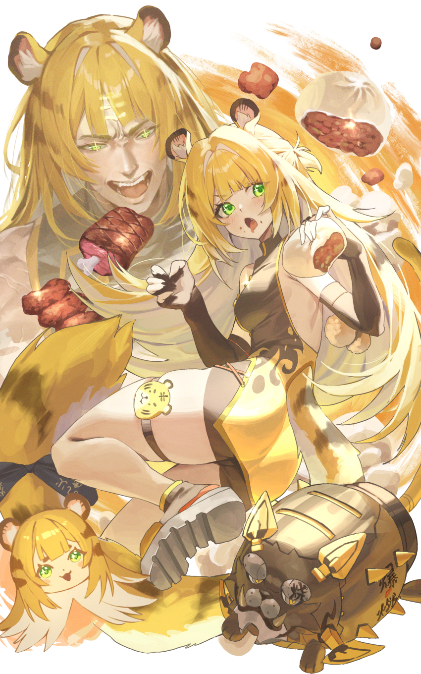 1girl absurdres alternate_costume animal_ears bare_shoulders black_dress black_gloves black_shorts blonde_hair breasts chinese_clothes colored_inner_hair commentary dress fingerless_gloves fingernails food gloves green_eyes highres holding holding_food ju_fufu light_blush long_hair looking_at_viewer looking_back meat medium_breasts multicolored_hair multiple_views netural open_mouth shorts skindentation sleeveless sleeveless_dress smile steamed_bun tail thigh_strap thighs tiger_ears tiger_girl tiger_tail white_background white_hair yellow_dress zenless_zone_zero