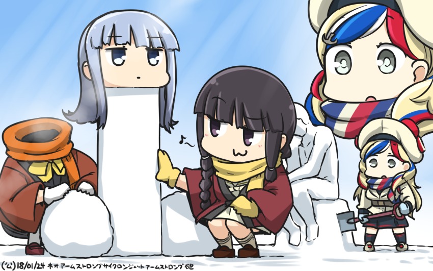 3girls :3 beret black_eyes black_hair blonde_hair blue_eyes blue_hair braid commandant_teste_(kancolle) commentary dated day disembodied_head eighth_note gintama gloves hamu_koutarou hat hatsukaze_(kancolle) headless highres kantai_collection kitakami_(kancolle) multicolored_hair multiple_girls musical_note neo_armstrong_cyclone_jet_armstrong_cannon open_mouth phallic_symbol pom_pom_(clothes) red_hair scarf short_hair shovel snow_sculpture squatting streaked_hair the_thinker white_gloves yellow_gloves zoom_layer