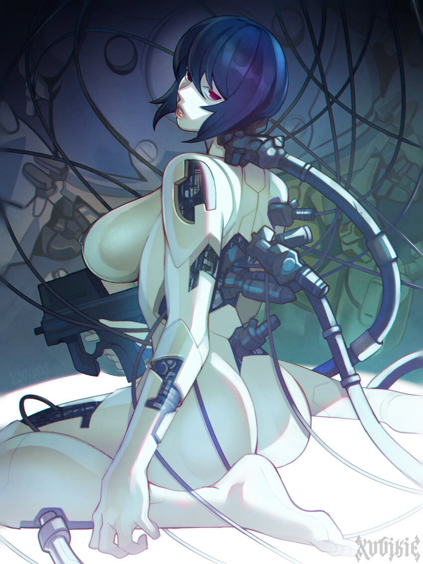 1girl absurdres android ass back barefoot blue_hair bodysuit breasts bullpup cable cyberpunk cyborg feet from_behind ghost_in_the_shell gun highres holding holding_gun holding_weapon humanoid_robot kusanagi_motoko large_breasts lips looking_at_viewer looking_back nude pale_skin parted_lips red_eyes robot robot_girl science_fiction short_hair sideboob sitting solo submachine_gun wariza weapon wire xuuikie_ashe
