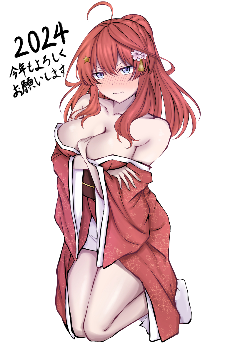 1girl 2024 absurdres ahoge alternate_costume alternate_hairstyle arm_under_breasts bare_shoulders blue_eyes blush breasts cleavage collarbone commentary_request embarrassed floral_print floral_print_kimono flower full_body go-toubun_no_hanayome hair_between_eyes hair_flower hair_ornament happy_new_year highres japanese_clothes kanzashi kimono kneeling konro_yoyogei large_breasts long_hair looking_at_viewer nakano_itsuki new_year obi off_shoulder ponytail print_kimono red_hair red_kimono sash socks solo star_(symbol) star_hair_ornament tassel tassel_hair_ornament white_socks wide_sleeves