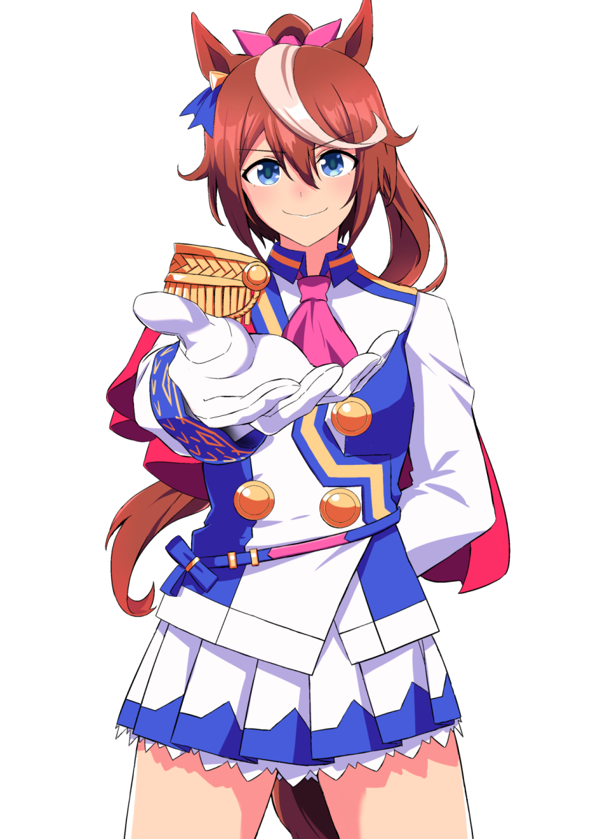 1girl animal_ears arm_behind_back ascot blue_eyes blue_jacket blue_skirt bow brown_hair buttons cape closed_mouth commentary_request cowboy_shot double-breasted epaulettes gloves grin hair_between_eyes hakase_yurisuki highres horse_ears horse_girl horse_tail jacket long_hair long_sleeves looking_at_viewer multicolored_hair multicolored_jacket neckerchief outstretched_arm outstretched_hand pink_ascot pink_bow pink_neckerchief pleated_skirt ponytail red_cape simple_background single_epaulette skirt smile solo streaked_hair tail tokai_teio_(umamusume) two-tone_jacket two-tone_skirt umamusume white_background white_gloves white_hair white_jacket white_skirt