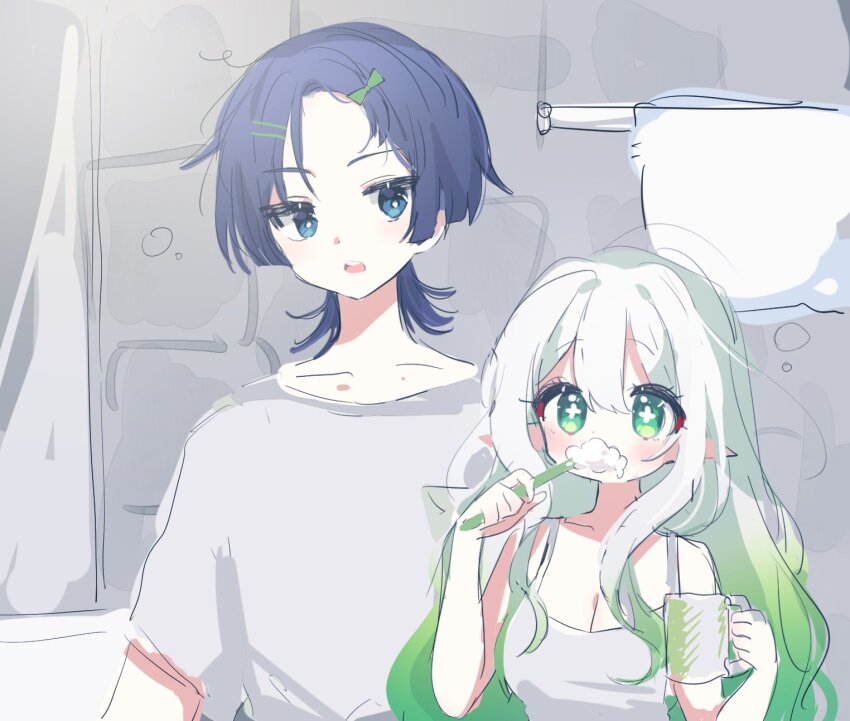 1boy 1girl 52601i alternate_breast_size alternate_costume alternate_hairstyle alternate_universe aqua_eyes arm_at_side bathroom blunt_ends bow breasts bright_pupils brushing_teeth bubble casual cleavage collarbone colored_tips contemporary cup eyeliner eyeshadow genshin_impact gradient_hair green_bow green_eyes green_hair hair_between_eyes hair_bow hair_down hair_ornament hairclip hands_up highres holding holding_cup holding_toothbrush indoors large_breasts large_forehead looking_at_another looking_at_viewer makeup mug multicolored_hair nahida_(genshin_impact) open_mouth parted_bangs pointy_ears purple_hair red_eyeliner red_eyeshadow scaramouche_(genshin_impact) shirt short_sleeves sketch squeans tank_top tareme teeth toothbrush towel upper_teeth_only wavy_hair white_hair white_pupils white_shirt white_sleeves white_tank_top