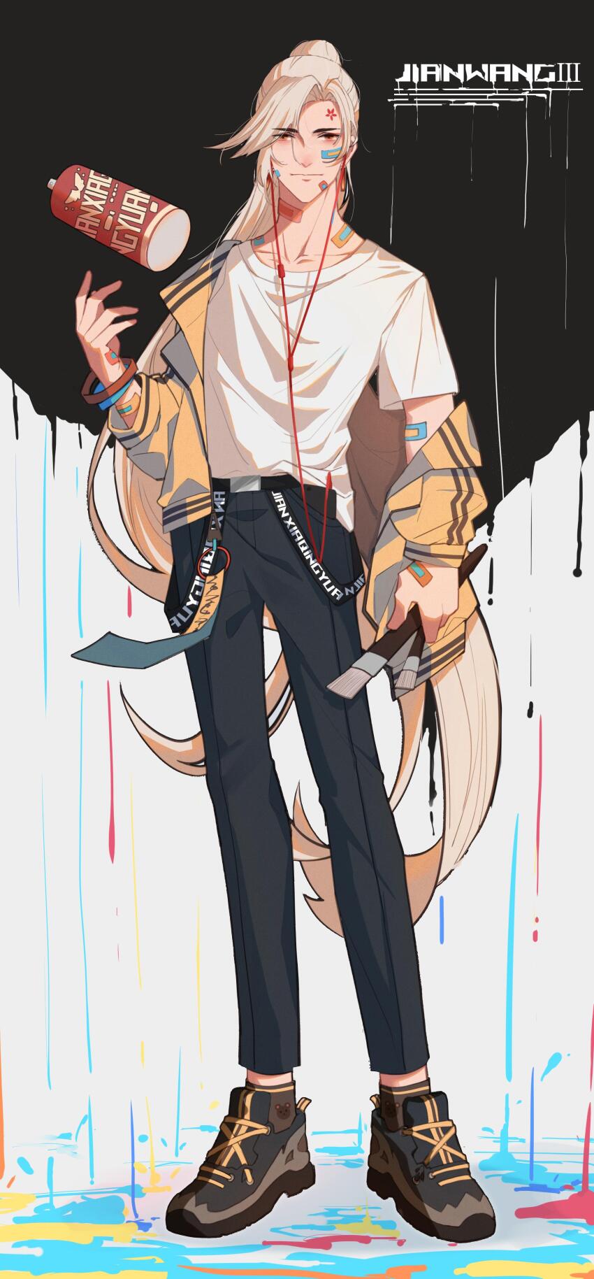 1boy absurdres bandaid bandaid_on_arm bandaid_on_face bandaid_on_hand bandaid_on_neck belt black_background black_belt black_pants black_shoes brown_eyes brown_socks cable cellphone closed_mouth copyright_name earphones flower_facial_mark full_body hand_up highres holding holding_brush holding_paintbrush jacket jianxia_qingyuan_(series) jianxia_qingyuan_online_3 legs_apart long_hair long_sleeves looking_at_viewer object_in_pocket off_shoulder open_clothes open_jacket paint_splatter paintbrush pants phone pocket ponytail shirt shirt_partially_tucked_in shoes short_sleeves smartphone sneakers socks solo spray_can spray_paint standing swept_bangs t-shirt tossing two-tone_background very_long_hair white_background white_hair white_shirt yellow_jacket yi_er_san