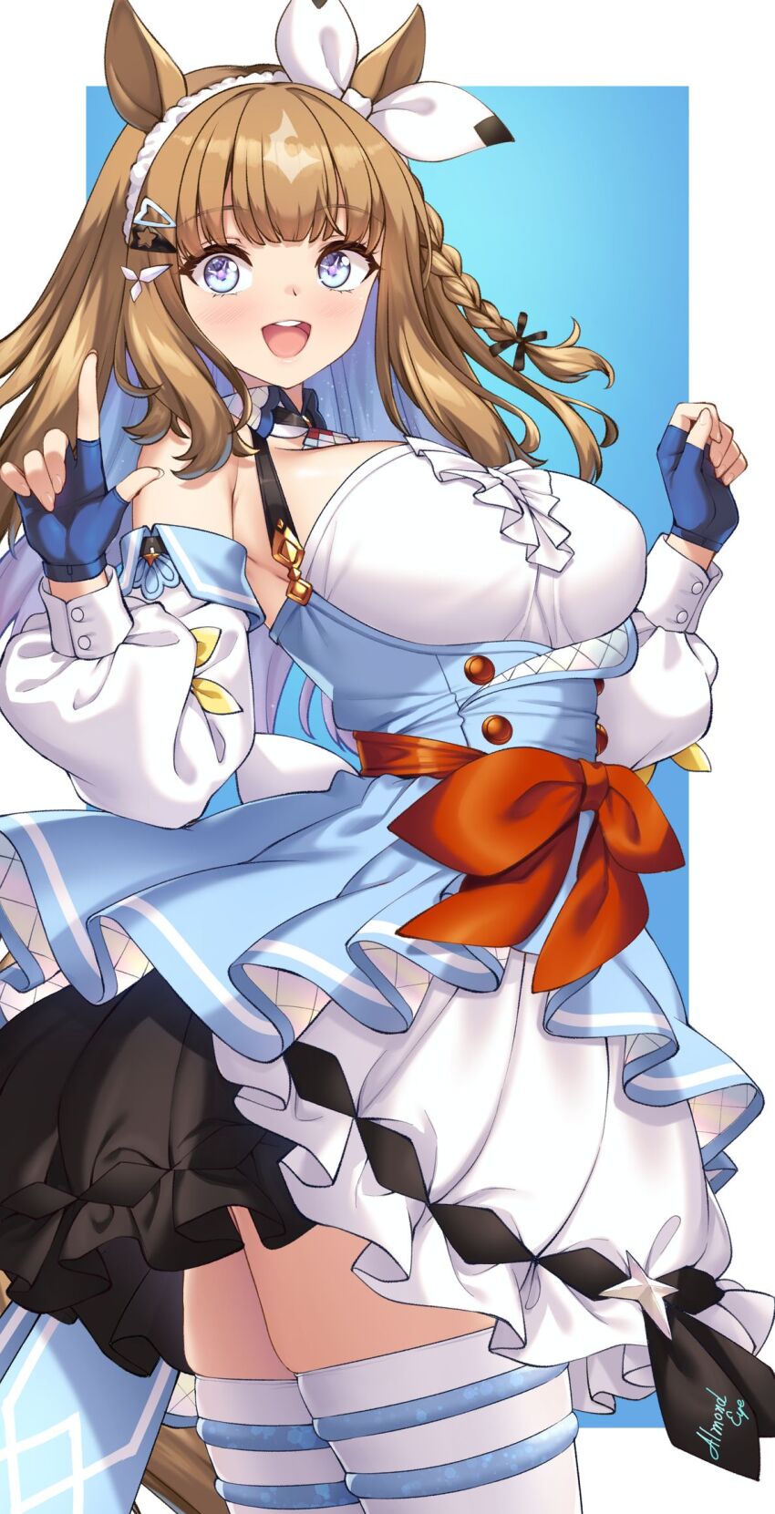 1girl almond_eye_(umamusume) animal_ears blue_eyes blush braid breasts brown_hair cleavage commentary_request fingerless_gloves gloves hair_between_eyes hair_ornament hairband highres looking_at_viewer multicolored_hair shirokuma_a simple_background solo teeth thighhighs two-tone_hair umamusume upper_teeth_only