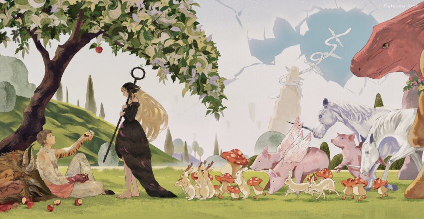 1boy 1girl ambrosia_(dungeon_meshi) animal animal_hands animal_legs apple asymmetrical_arms bare_shoulders barefoot bitten_apple black_dress black_hat blonde_hair body_fur brown_eyes brown_hair chimera commentary crack cracked_ceiling day dome dress dungeon_meshi english_commentary eye_contact feathered_wings feleven flying food food_bite from_side fruit fur-trimmed_dress fur_trim giving giving_food grass green_eyes hat headscarf highres hill holding holding_food holding_fruit holding_staff hooves knee_up laios_touden laios_touden_(chimera) leaf long_hair long_sleeves looking_at_another marcille_donato marcille_donato_(lord) mixed_limbs monster monster_boy mushroom off-shoulder_dress off_shoulder on_grass outdoors outstretched_arm parade pig profile rabbit scenery short_hair sitting snake spoilers staff standing tiger_stripes tower tree unicorn walking_mushroom_(dungeon_meshi) white_fur wide_shot winged_animal winged_lion_(dungeon_meshi) wings
