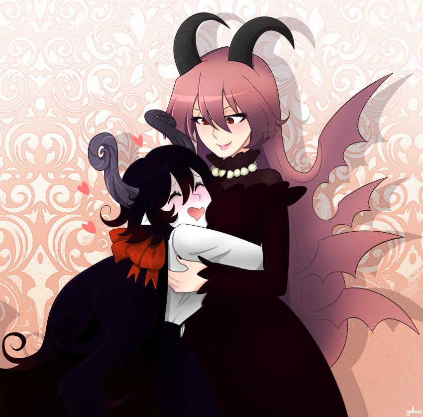 2girls black_hair blush demon_girl demon_horns demon_wings dress funamusea gallaxi genderswap genderswap_(mtf) highres horns hug lil_(funamusea) long_hair looking_at_another low_twintails multiple_girls pink_hair satanick_(funamusea) twintails very_long_hair white_dress wings yuri