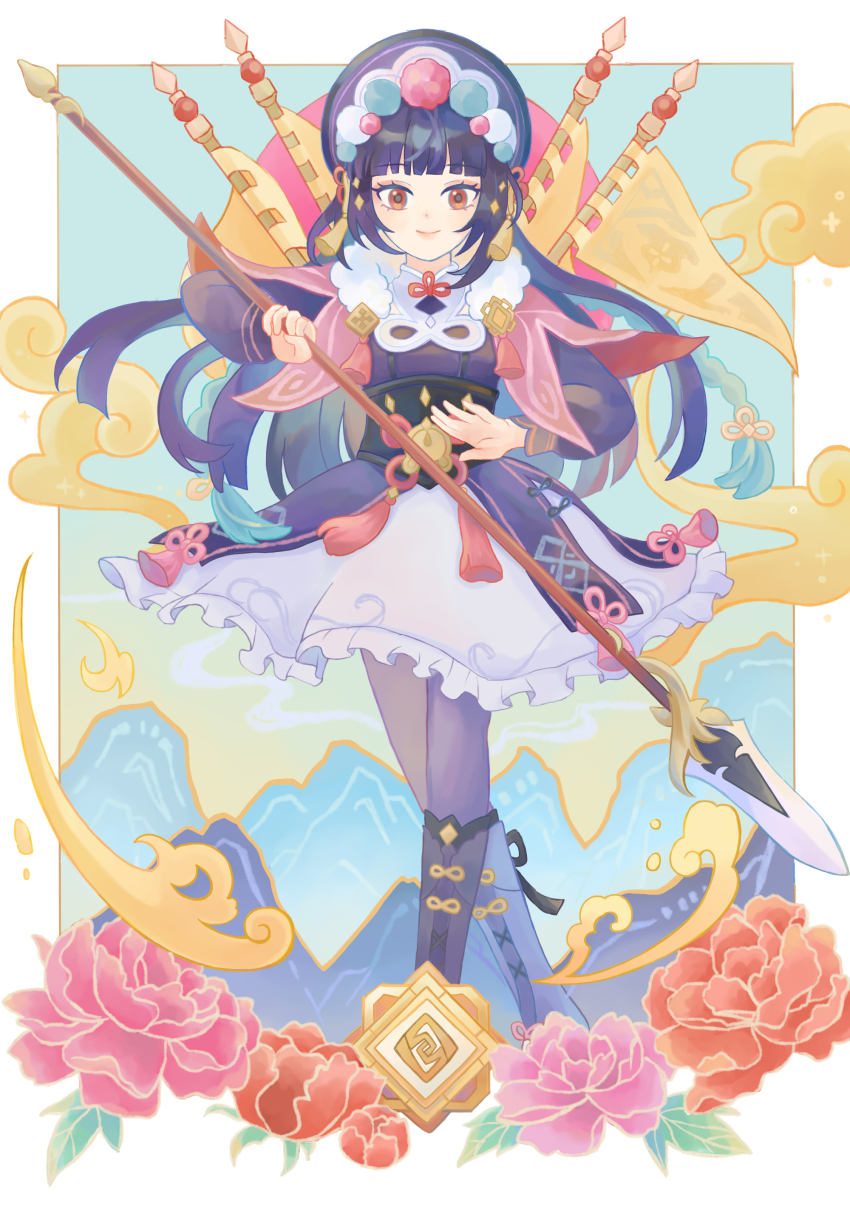 1girl absurdres arri_(arrihare) black_boots black_hair blunt_bangs bonnet boots braid capelet chinese_clothes chinese_opera corset dragon&#039;s_bane_(genshin_impact) dress eyeshadow flag floating_clothes floating_hair flower_knot frilled_dress frills fur_trim genshin_impact geo_symbol_(genshin_impact) hair_ornament highres holding holding_polearm holding_weapon lace-up_boots lipgloss long_hair long_sleeves looking_at_viewer makeup mountainous_horizon polearm pom_pom_(clothes) puffy_long_sleeves puffy_sleeves red_eyes red_eyeshadow sidelocks solo tassel tassel_hair_ornament vision_(genshin_impact) weapon yun_jin_(genshin_impact)