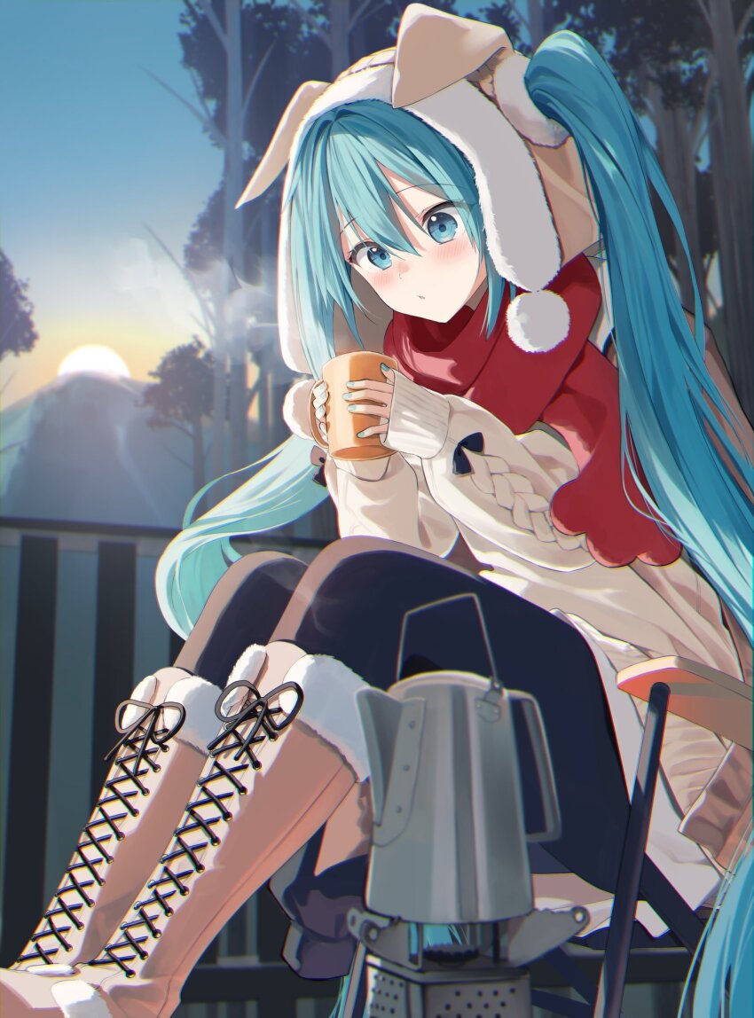 1girl boots cup hatsune_miku highres holding holding_cup long_hair outdoors pentagon_(railgun_ky1206) red_scarf scarf sitting solo twintails very_long_hair vocaloid