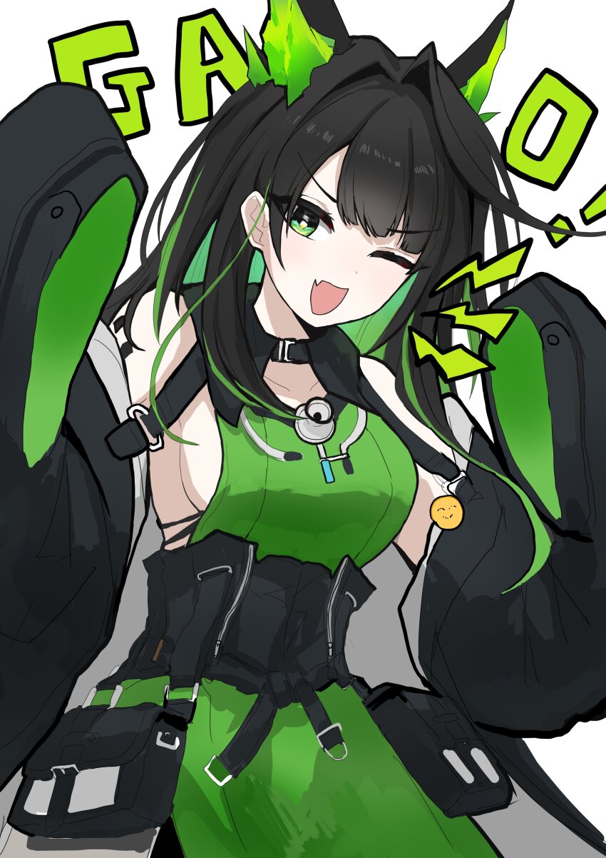 1girl ;d absurdres arknights bare_shoulders black_hair breasts bright_pupils colored_inner_hair commentary_request dress emoji fang gao green_dress green_eyes green_hair highres looking_at_viewer material_growth medium_breasts mitsumoto_amata mon3tr_(arknights) multicolored_hair one_eye_closed open_mouth oripathy_lesion_(arknights) personification pouch sideboob simple_background skin_fang sleeves_past_fingers sleeves_past_wrists smile solo sound_effects white_background white_pupils