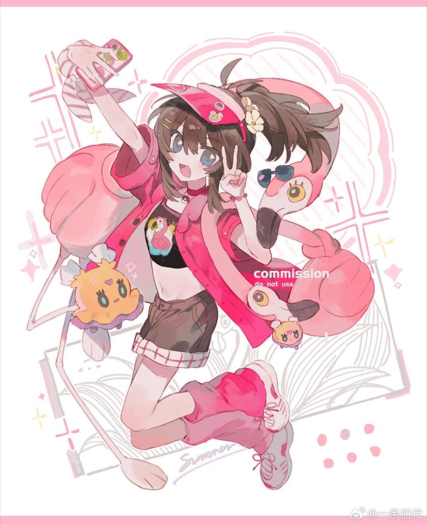 1girl animal_bag antenna_hair arm_up bag bird black_shirt blue_eyes bracelet brown_hair cellphone character_print chinese_commentary choker chuckdaidai cloud commentary_request commission crop_top denim denim_shorts flamigo flamingo flittle floating_hair flower full_body grey_shorts hair_between_eyes hair_flower hair_ornament hairclip hand_up hat heart_bracelet highres holding holding_phone jacket jewelry leg_warmers letterboxed light_blush long_hair navel nintendo open_clothes open_jacket open_mouth original phone pink_bag pink_choker pink_hat pink_jacket pink_leg_warmers poke_ball pokemon pokemon_(creature) ponytail print_headwear print_shirt sample_watermark selfie shirt shoes shorts shoulder_bag smartphone smile sneakers sparkle stomach v visor_cap watermark weibo_watermark white_background white_flower white_footwear