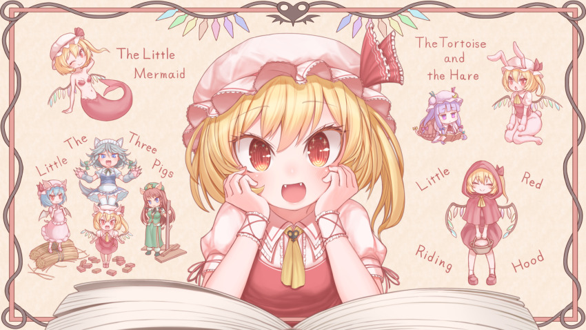 5girls andersen&#039;s_fairy_tales animal_ears animal_hands ascot blonde_hair blunt_bangs blush book brick cloak commentary_request cosplay fangs flandre_scarlet gloves harunoha hat hay highres holding holding_stick hong_meiling hood hood_up hooded_cloak izayoi_sakuya little_red_riding_hood_(fairy_tale) little_red_riding_hood_(fairy_tale_character) little_red_riding_hood_(fairy_tale_character)_(cosplay) mermaid mob_cap monster_girl monsterification multiple_girls one_eye_closed one_side_up open_book open_mouth orange_eyes patchouli_knowledge paw_gloves pig_ears pig_girl puffy_short_sleeves puffy_sleeves purple_eyes purple_hair rabbit_ears rabbit_girl rabbit_tail red_cloak red_skirt red_vest remilia_scarlet shirt short_hair short_sleeves skirt smile solo_focus stick tail the_little_mermaid_(andersen) the_little_mermaid_(andersen)_(cosplay) the_tortoise_and_the_hare three_little_pigs touhou turtle_shell upper_body vest white_shirt wolf_ears wolf_tail wrist_cuffs yellow_ascot