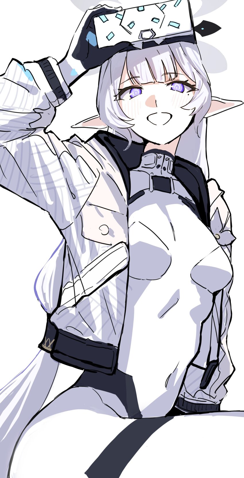 1girl absurdres adjusting_goggles blue_archive bodysuit covered_navel halo head-mounted_display highres himari_(blue_archive) himari_(bodysuit)_(blue_archive) jumpsuit koppepan_agp multicolored_halo official_alternate_costume power_symbol power_symbol-shaped_pupils simple_background solo symbol-shaped_pupils two-tone_halo white_background white_bodysuit white_halo white_jumpsuit