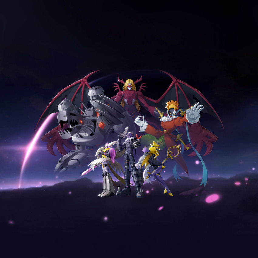 beelzebumon blonde_hair cannon digimon digimon_new_century highres holyangemon horns mask mugendramon official_art piemon sakuyamon sharp_teeth staff teeth venomvamdemon wings