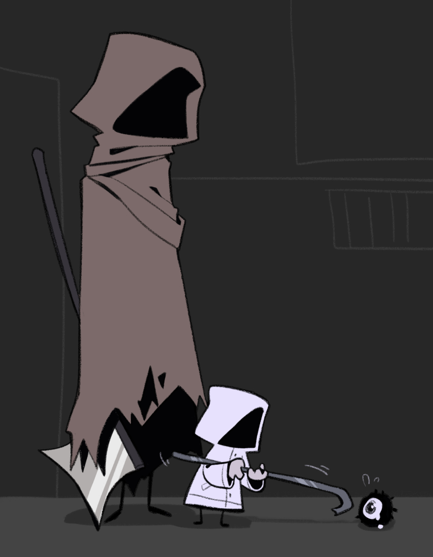 1boy 1girl aged_down axe black_background brown_cloak child chinese_commentary chlorenw cloak commentary_request creature crowbar crying heroine_(homicipher) highres holding holding_axe holding_crowbar homicipher hood hood_up mr._hood one-eyed_creature_(homicipher) raincoat