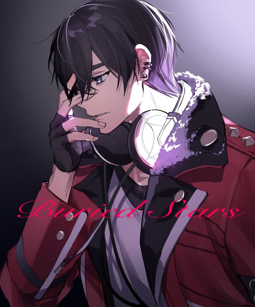 1boy ameinu black_gloves black_hair buried_stars ear_piercing fingerless_gloves from_side fur_trim gloves hair_between_eyes han_do-yoon headphones headphones_around_neck highres jacket long_sleeves male_focus open_clothes open_jacket parted_lips piercing red_jacket shirt short_hair solo upper_body