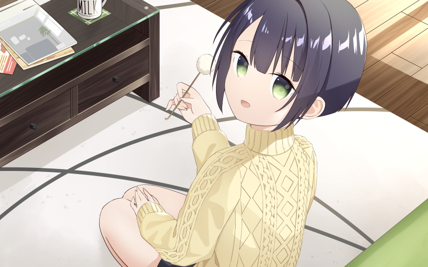1boy :d absurdres black_hair black_shorts coffee_table commentary_request feet_out_of_frame from_above from_behind green_eyes highres indoors knit_sweater long_sleeves looking_at_viewer male_focus mimikaki no_pupils open_mouth original rug sankakkee short_hair short_shorts shorts sidelocks sitting sleeves_past_wrists smile solo sweater table trap turning_head turtleneck turtleneck_sweater wooden_floor yellow_sweater
