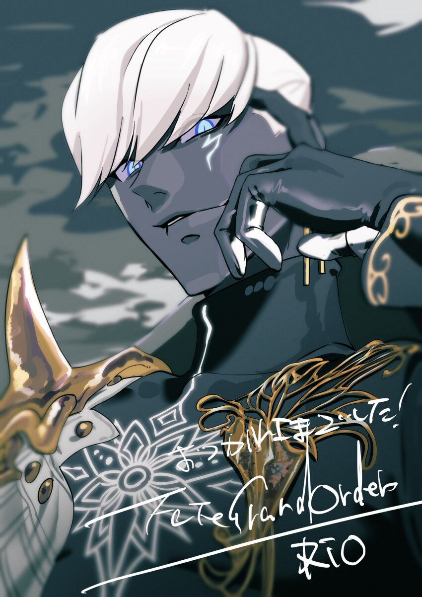 1boy black_skin blue_eyes colored_skin fate/grand_order fate_(series) hand_on_own_cheek hand_on_own_face highres indra_(fate) male_focus portrait rio_(animator) scar scar_across_eye scar_on_face signature white_hair