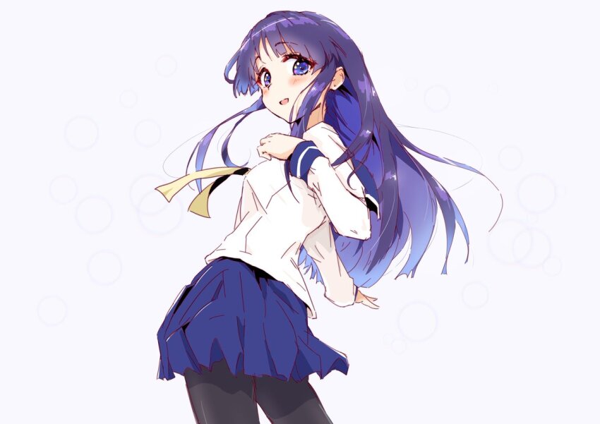 1girl aucufeo black_pantyhose blue_skirt blush commentary_request cowboy_shot from_behind from_below hinata_yukari long_hair long_sleeves looking_at_viewer neckerchief necktie open_mouth pantyhose pleated_skirt purple_eyes purple_hair school_uniform serafuku simple_background skirt smile solo white_background yellow_neckerchief yellow_necktie yuyushiki yuyushiki&#039;s_school_uniform