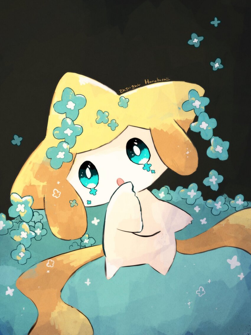 black_background colored_skin commentary_request flower flower_facial_mark gen_3_pokemon green_flower hanabusaoekaki highres jirachi legendary_pokemon looking_at_viewer mythical_pokemon nintendo no_humans open_mouth pokemon pokemon_(creature) simple_background white_skin