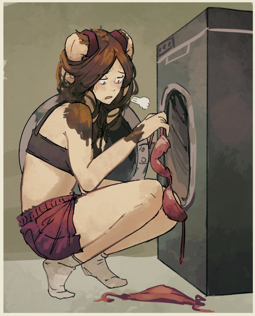 1girl absurdres animal_ears bra brown_fur facial_mark fire_emblem fire_emblem_awakening hair_around_ear highres laundry messy_hair nintendo panne_(fire_emblem) pink_bra rabbit_ears rabbit_girl socks spindle_(aidenr0) taguel underwear unworn_bra washing_machine