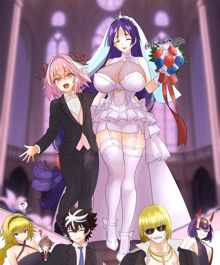 3girls 4boys ahoge astolfo_(fate) black_bow black_hair blonde_hair blush bob_cut bouquet bow braid breasts bridal_veil bride charlemagne_(fate) dress fang fate/apocrypha fate/extella fate/extella_link fate/extra fate/grand_order fate_(series) flower groom hair_intakes height_difference highres horns husbandmaru jeanne_d&#039;arc_(fate) jeanne_d&#039;arc_(ruler)_(fate) jewelry large_breasts long_braid long_hair low-tied_long_hair minamoto_no_raikou_(fate) multicolored_hair multiple_boys multiple_girls oni open_mouth parted_bangs pink_hair purple_eyes purple_hair red_eyes sakata_kintoki_(fate) short_hair shuten_douji_(fate) sieg_(fate) single_braid skin-covered_horns skin_fang smile streaked_hair sunglasses trap trap_on_female veil very_long_hair wedding wedding_dress white_dress white_hair