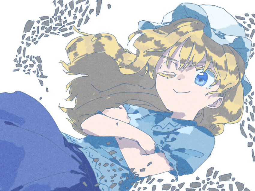 1girl blonde_hair blue_eyes blue_shirt blue_skirt closed_eyes commentary_request crossed_arms debris feet_out_of_frame floating_hair hat long_hair long_skirt lying maribel_hearn mob_cap nama_udon on_back one_eye_closed partial_commentary pleated_skirt reclining shirt short_sleeves simple_background skirt smile solo touhou white_background white_hat