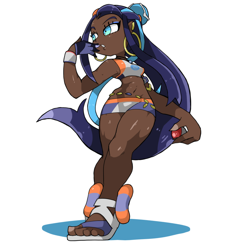 1girl belly_chain bikini blue_eyes blue_eyeshadow blue_hair dark-skinned_female dark_skin earrings eyelashes eyeshadow full_body gloves hand_up highres holding holding_poke_ball hoop_earrings jewelry long_hair makeup name_omoitukan2 navel nessa_(pokemon) nintendo poke_ball poke_ball_(basic) pokemon pokemon_swsh sandals simple_background single_glove solo swimsuit tankini very_dark_skin white_background