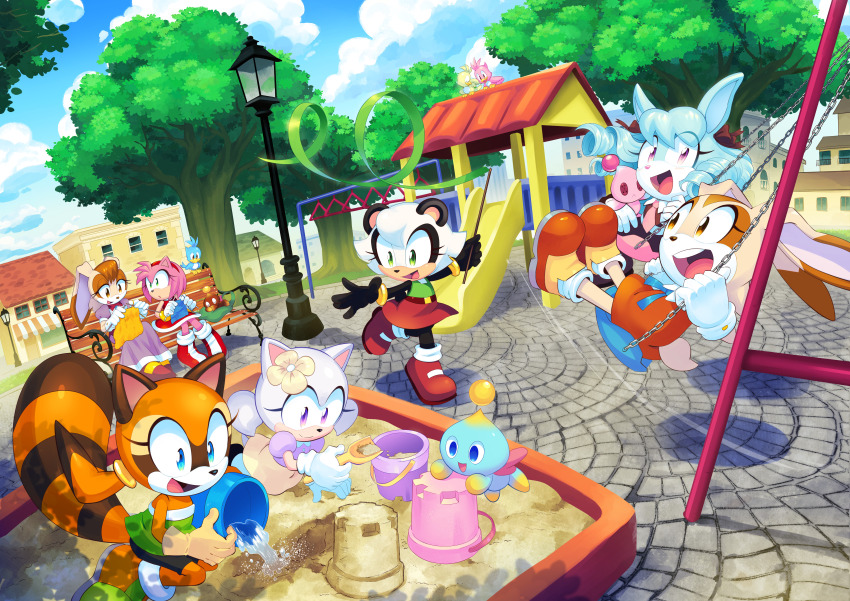 6+girls absurdres amy_rose animal_ears anya_the_rabbit aura_the_hedgehog bench bird birdie_(sonic) blue_eyes blue_fur blue_hair blue_sky brown_dress brown_fur bucket chao_(sonic) cheese_(sonic) chocola_(sonic) commentary commission day drawloverlala dress english_commentary flicky_(character) furry furry_female gloves highres kimmy_the_panda marine_the_raccoon multiple_girls neutral_chao on_swing open_mouth orange_dress orange_shoes original outdoors park_bench pink_fur rabbit_ears rabbit_girl ringlets sand shoes sitting sky sonic_(series) stone_floor swing swinging_on_swing teeth tree upper_teeth_only vanilla_the_rabbit white_fur white_gloves