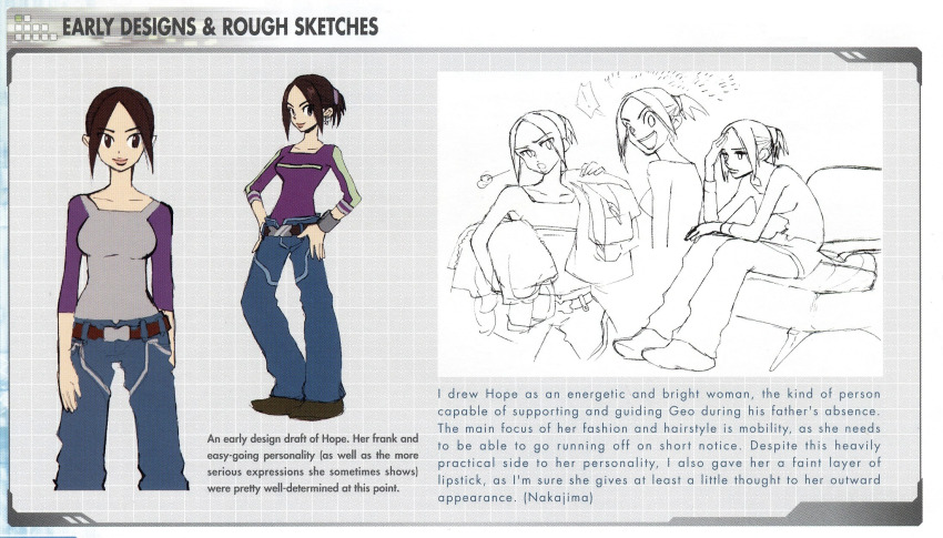 1girl breasts brown_eyes brown_hair capcom character_name reference_sheet concept_art english_text full_body hands_on_own_hips highres hope_stelar_(mega_man) long_hair medium_breasts mega_man_(series) mega_man_star_force_(series) multiple_views official_art ponytail sitting sketch smile