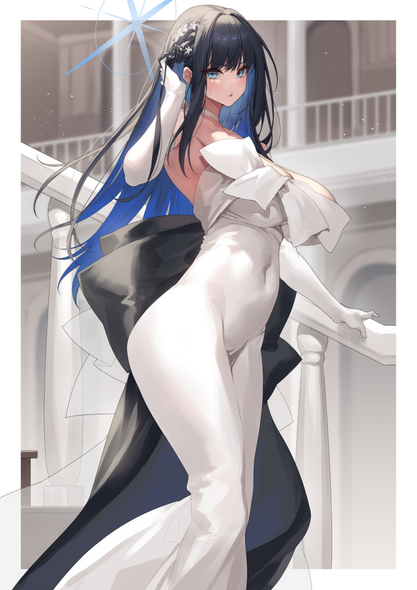 1girl bare_shoulders black_hair blue_archive blue_eyes blue_hair blue_halo blurry blurry_background blush breasts colored_inner_hair covered_navel dress elbow_gloves feet_out_of_frame from_side gloves hair_ornament halo hand_in_own_hair hand_up highres large_breasts long_hair looking_at_viewer looking_to_the_side multicolored_hair official_alternate_costume parted_lips saori_(blue_archive) saori_(dress)_(blue_archive) solo standing two-tone_hair white_dress white_gloves yamanokami_eaka