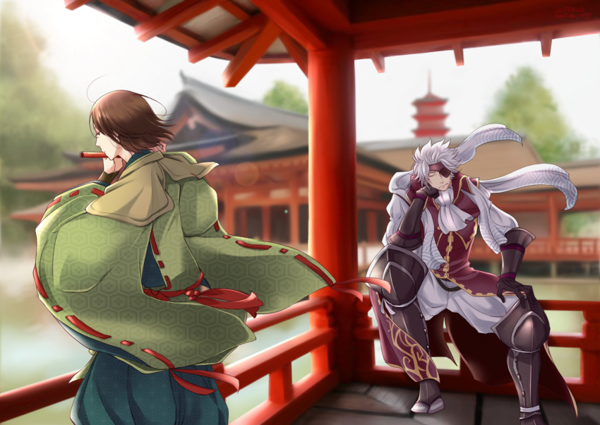 2boys brown_eyes brown_hair chousokabe_motochika_(sengoku_basara) closed_eyes eyepatch flute head_rest instrument male_focus mouri_motonari_(sengoku_basara) multiple_boys murakami_nana music official_alternate_costume on_railing playing_flute playing_instrument railing sengoku_basara sitting smirk white_hair wide_sleeves wind