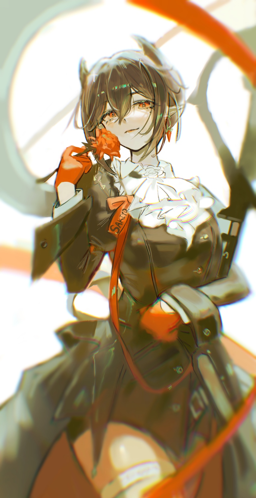 1girl absurdres arknights artist_name ascot black_dress black_hair blurry chromatic_aberration closed_mouth clothes_writing cowboy_shot dress earrings entelechia_(arknights) flower gloves hair_between_eyes highres holding holding_flower jewelry light_smile long_sleeves looking_at_viewer orange_eyes orange_flower orange_gloves orange_rose pointy_ears rose sakiyo short_hair solo standing white_ascot