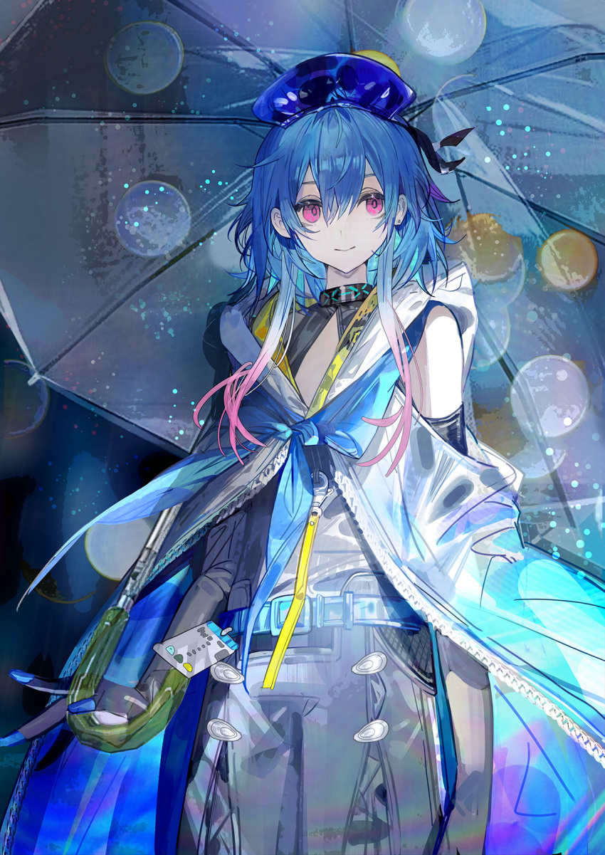 1boy arknights blue_hair choker chromatic_aberration commentary_request hair_between_eyes highres holding holding_umbrella light_smile looking_at_viewer mizuki_(arknights) parka plumw short_hair solo tagme umbrella upper_body