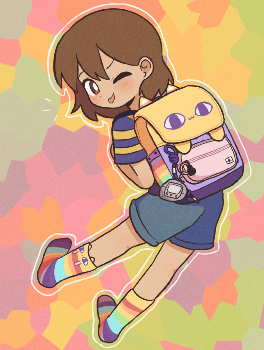 1boy aged_down alternate_costume backpack bag big_yellow_cat_(omori) blue_shorts blush bright_pupils brown_eyes brown_hair closed_mouth dark-skinned_male dark_skin full_body highres kel_(faraway)_(omori) kel_(omori) looking_at_viewer looking_back male_focus mewowem_omo omori one_eye_closed shirt short_hair shorts smile socks solo striped_clothes striped_shirt t-shirt tongue tongue_out white_pupils