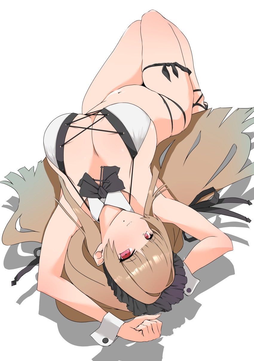 1girl absurdres azur_lane bikini black_bow black_bowtie black_sandals bow bowtie breasts brown_hair cleavage closed_mouth cross detached_collar hair_spread_out head_tilt highres large_breasts long_hair looking_at_viewer lying mole mole_under_mouth multi-strapped_bikini_bottom navel official_alternate_costume on_back p.i.t.d red_eyes sandals smile solo stomach swiftsure_(azur_lane) swiftsure_(midsummer_special_service)_(azur_lane) swimsuit thigh_strap thighs very_long_hair wing_collar wrist_cuffs